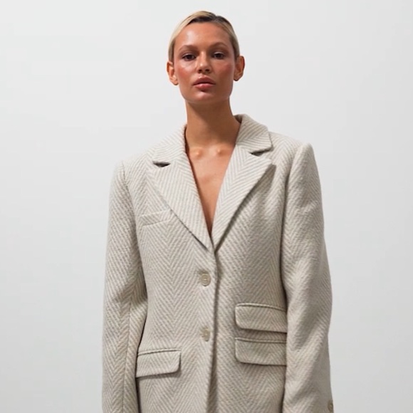 NEW Na-KD Tweed Beige Blazer Oversized Tan White Double Breasted Coat Wool - Picture 8 of 10